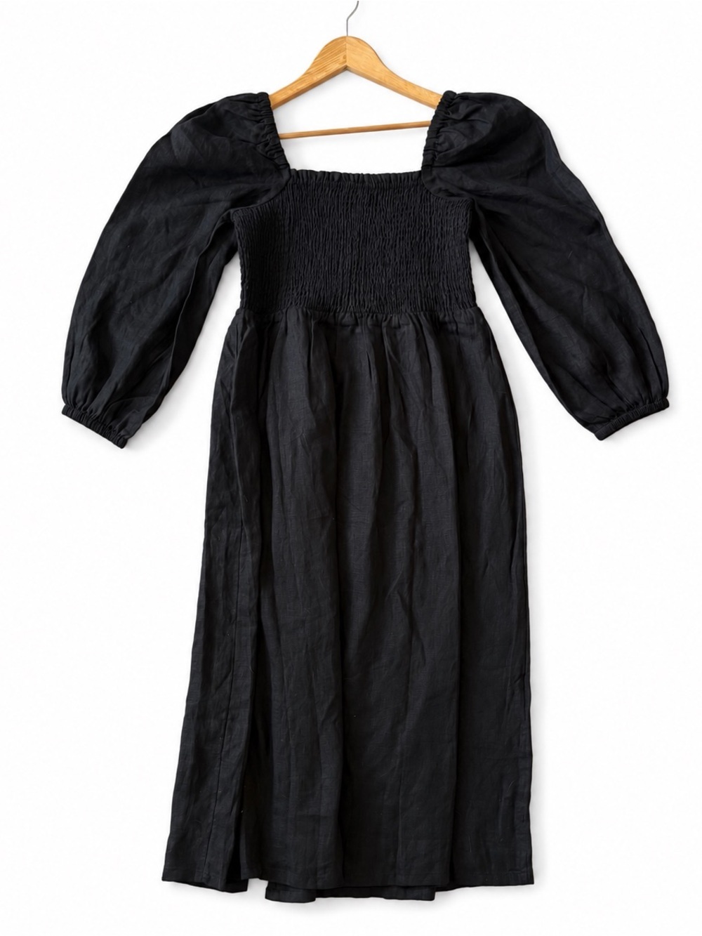 J. Crew Women’s Linen Black Smocked Square-Neck Midi Dress, Size Medium - Picture 3 of 7